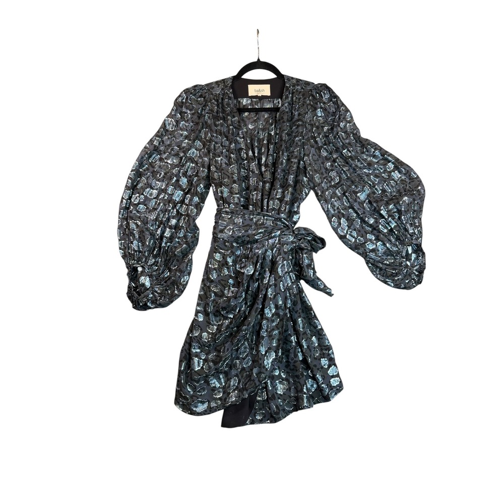 Ba&sh Blue Metallic Leopard Jacquard Wrap Mini Dress Puff Sleeve Size 3 L